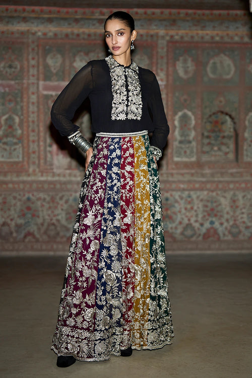 Metallic Thread Embroidered Flared Skirt