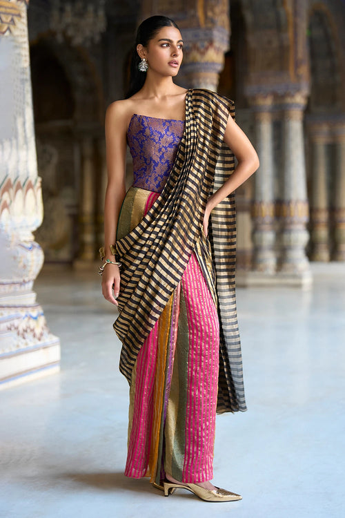 Multicolour Stripe Benares Tissue Sari Drape Skirt