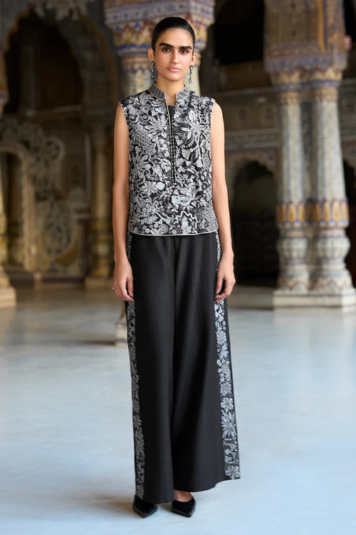 Metallic Thread Embroidered Straight-Cut Pant