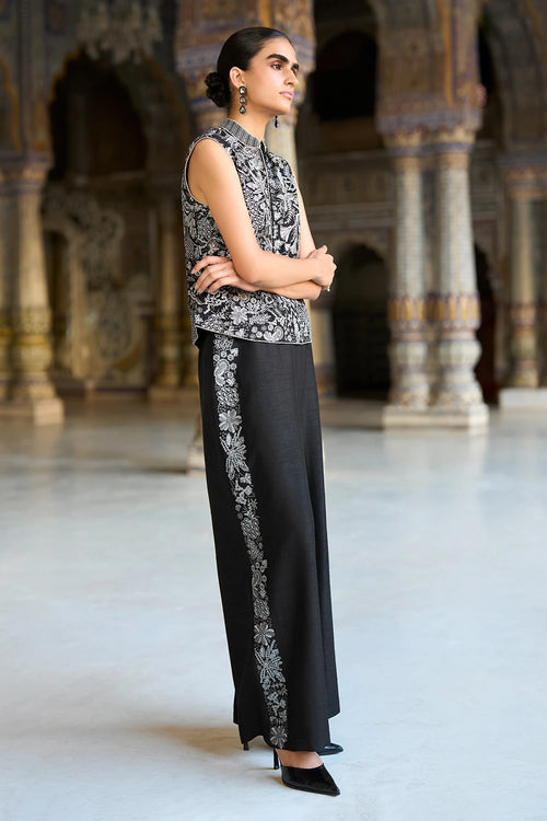 Metallic Thread Embroidered Straight-Cut Pant
