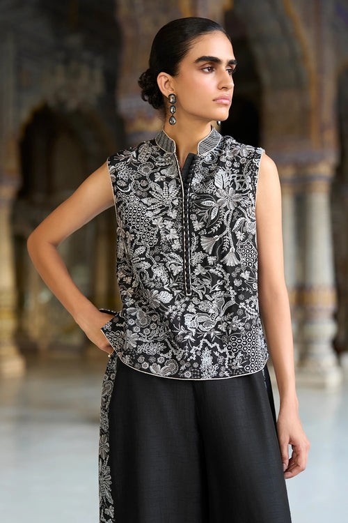 Metallic Thread Embroidered Waistcoat and Straight-Cut Pant Set