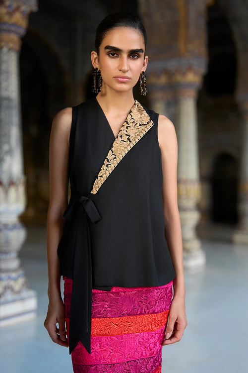 Embroidered Side-Tie Waistcoat and Striped Straight Cut Skirt