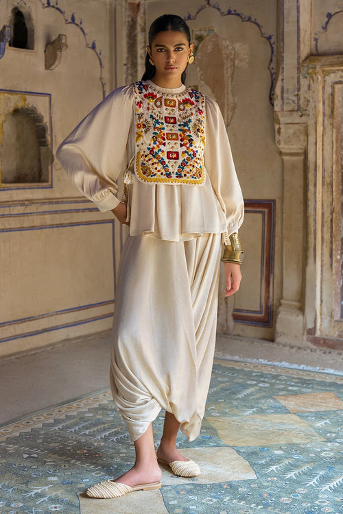 Smocked Balloon Sleeve Top with Embroidered Bib and Cowl Drape Pant