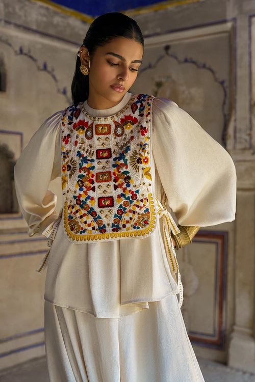 Smocked Balloon Sleeve Top with Embroidered Bib and Cowl Drape Pant