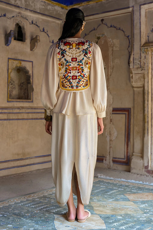 Smocked Balloon Sleeve Top with Embroidered Bib and Cowl Drape Pant