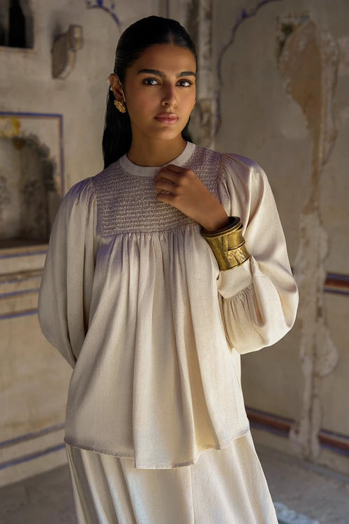 Smocked Balloon Sleeve Top and Textured Cowl Drape Pant