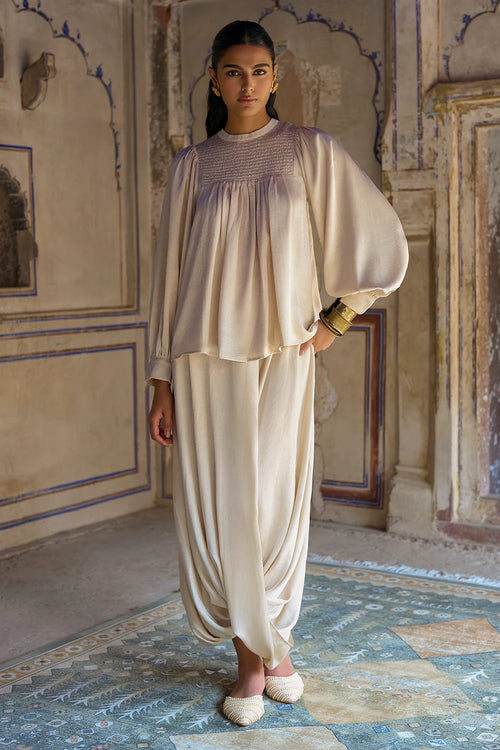 Smocked Balloon Sleeve Top with Embroidered Bib and Cowl Drape Pant