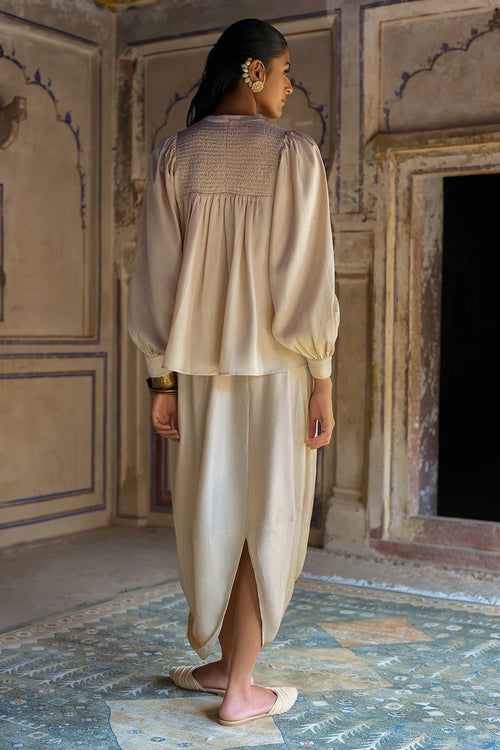 Smocked Balloon Sleeve Top with Embroidered Bib and Cowl Drape Pant