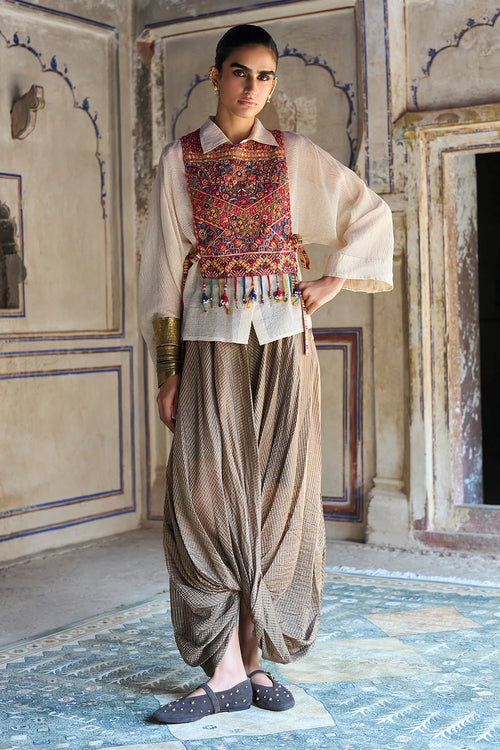 Benares Tissue Structured Shirt with Embroidered Bib and Cowl Drape Pant