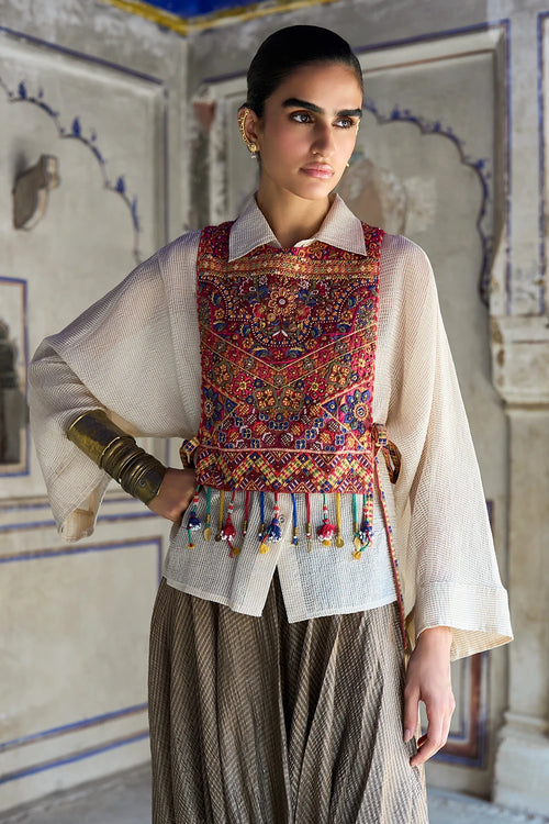 Benares Tissue Structured Shirt with Embroidered Bib and Cowl Drape Pant