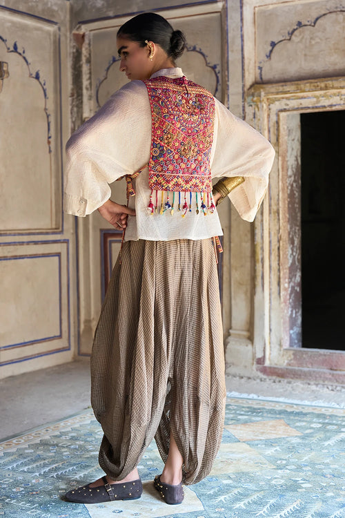 Benares Tissue Structured Shirt with Embroidered Bib and Cowl Drape Pant