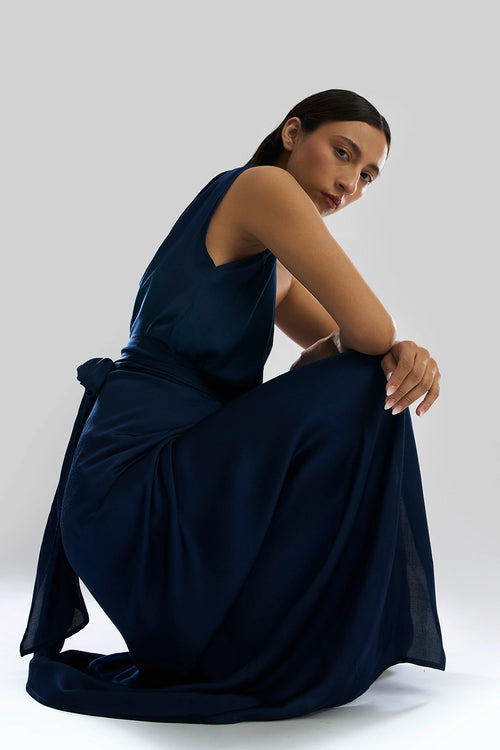 Deep Water Drape Sarong Dress in Navy