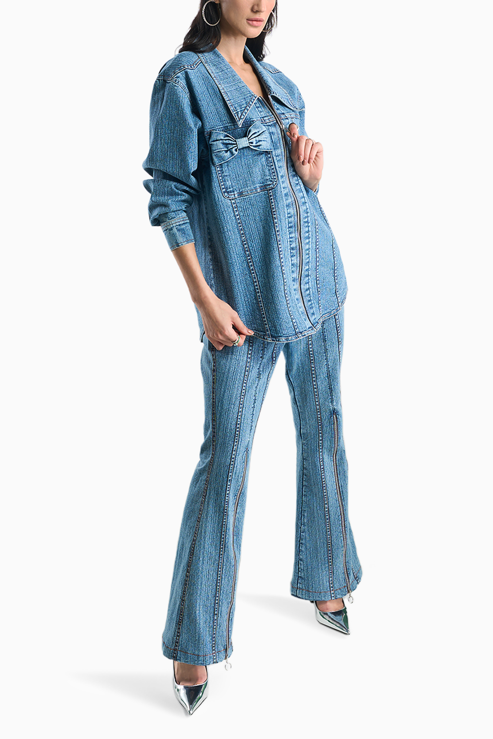 Blue Acid Wash Denim Acid Wash Co-ord Set With Bow