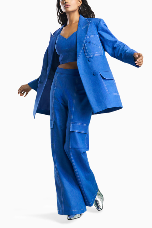 Blue Acid Wash Denim Oversized Pant Suit with Bustier