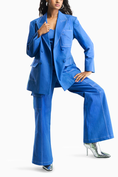 Blue Acid Wash Denim Oversized Pant Suit with Bustier