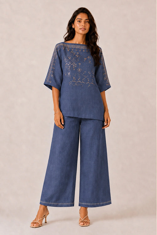Denim Drops Of Gold Roomal Co-ord Set