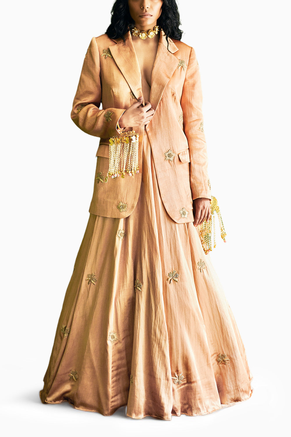 Caramel Embroidered Blazer Lehenga Set