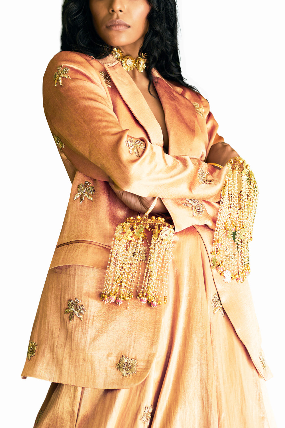 Caramel Embroidered Blazer Lehenga Set