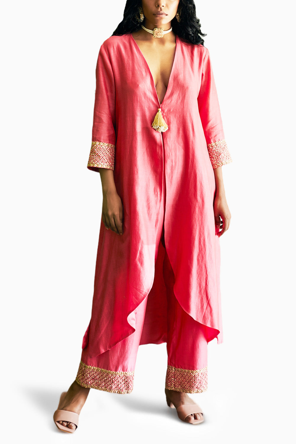 Peach Embroidered Jacket Pant Set