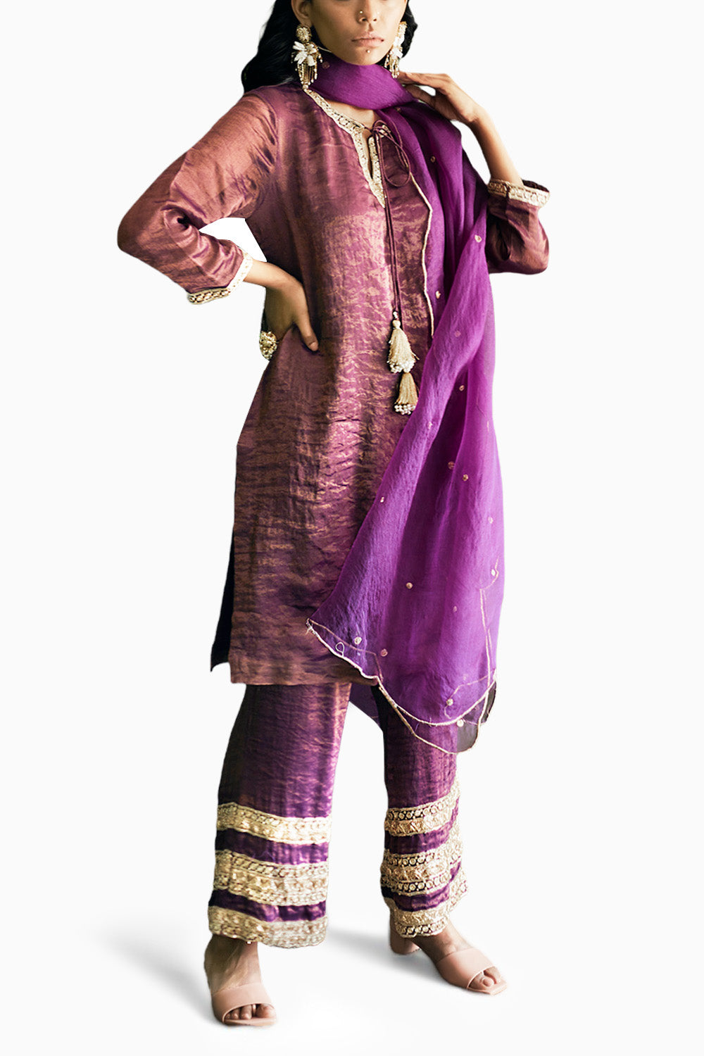 Purple Embroidered Chanderi Tissue Suit