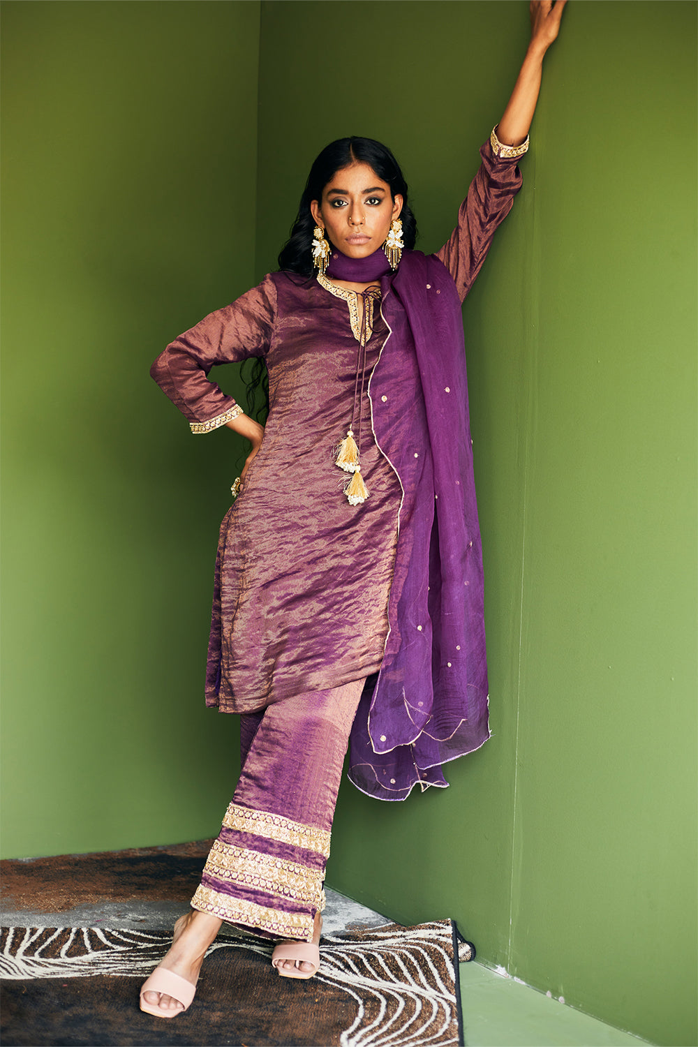 Purple Embroidered Chanderi Tissue Suit