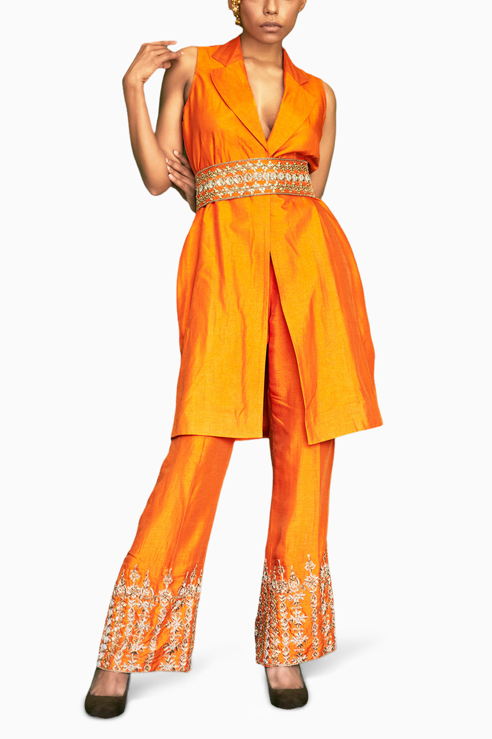 Orange Embroidered Jacket Pant Set