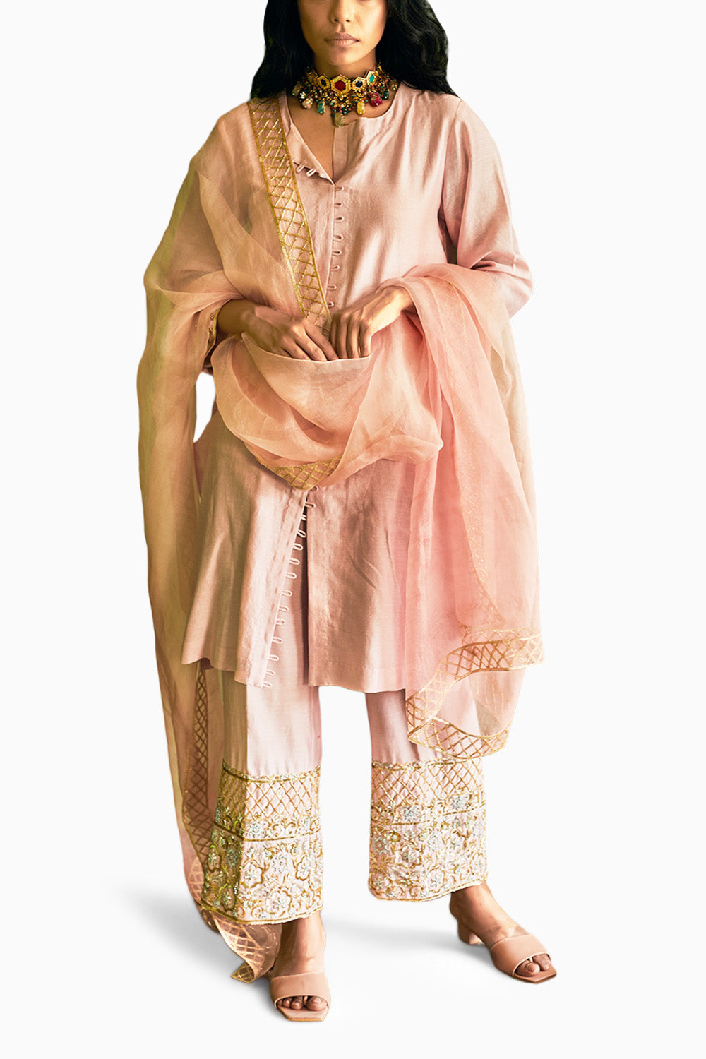 Blush Pink Chanderi Embroidered Suit