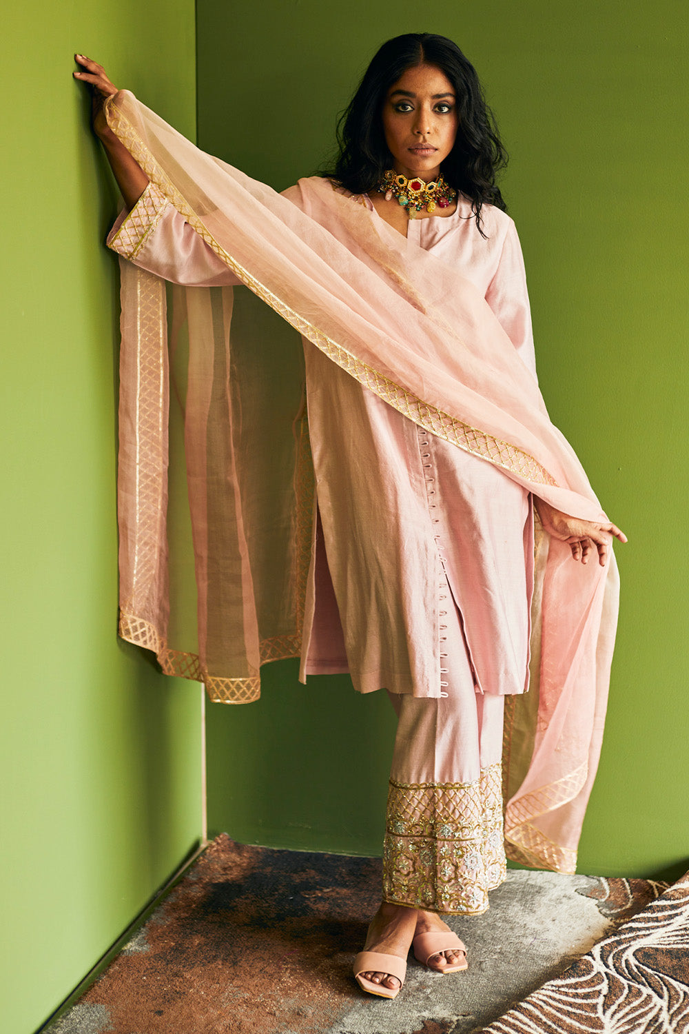 Blush Pink Chanderi Embroidered Suit