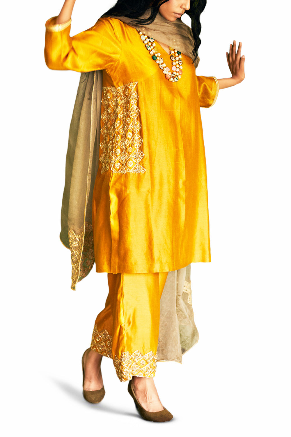 Mustard Embroidered Chanderi Suit