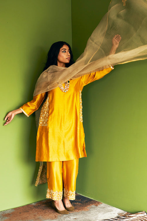 Mustard Embroidered Chanderi Suit