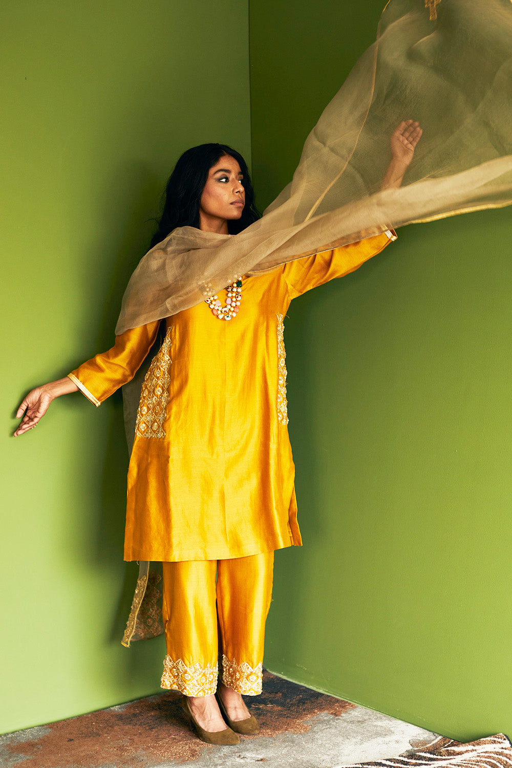 Mustard Embroidered Chanderi Suit