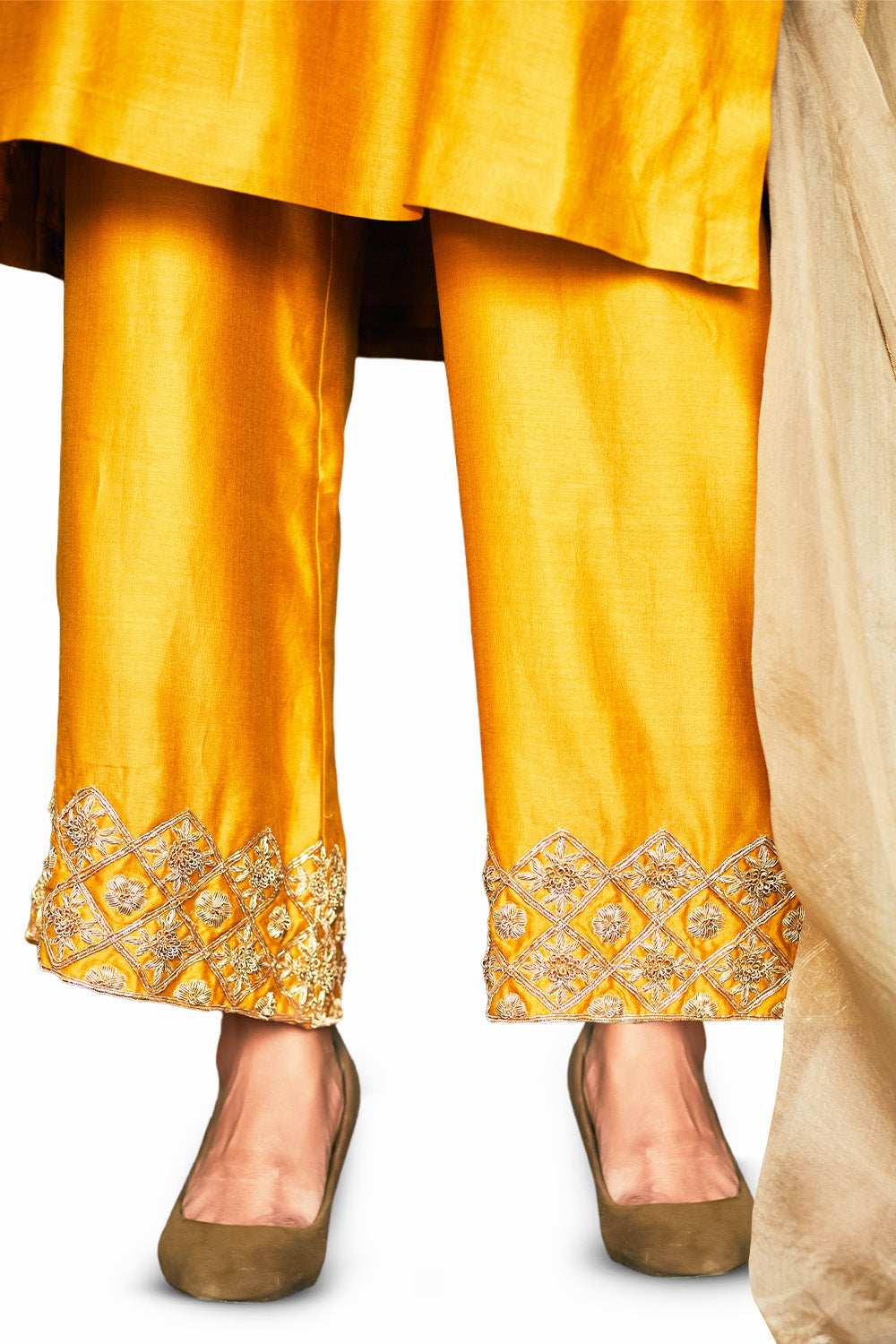 Mustard Embroidered Chanderi Suit