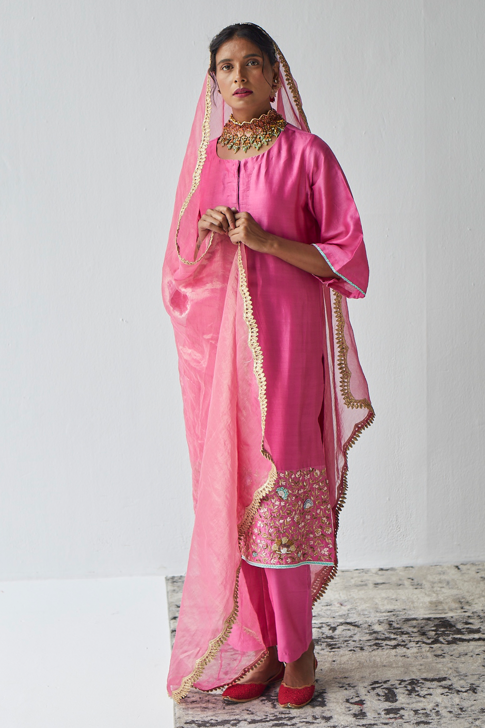 Pink Embroidered Chanderi Suit