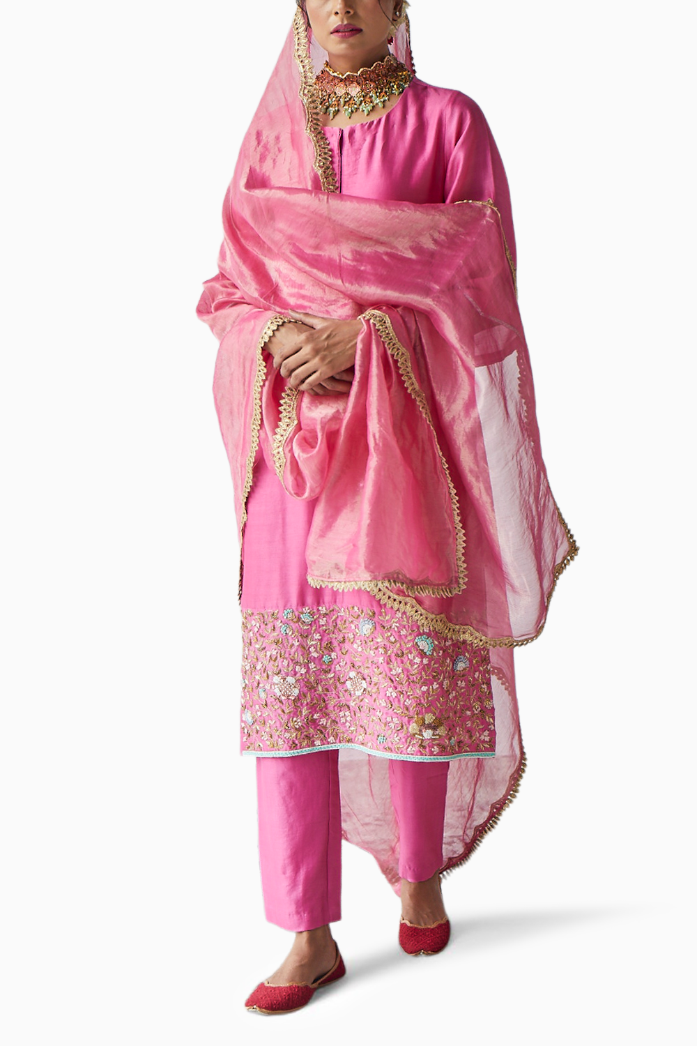 Pink Embroidered Chanderi Suit