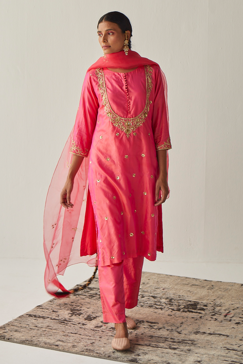 Peach Embroidered Silk Suit