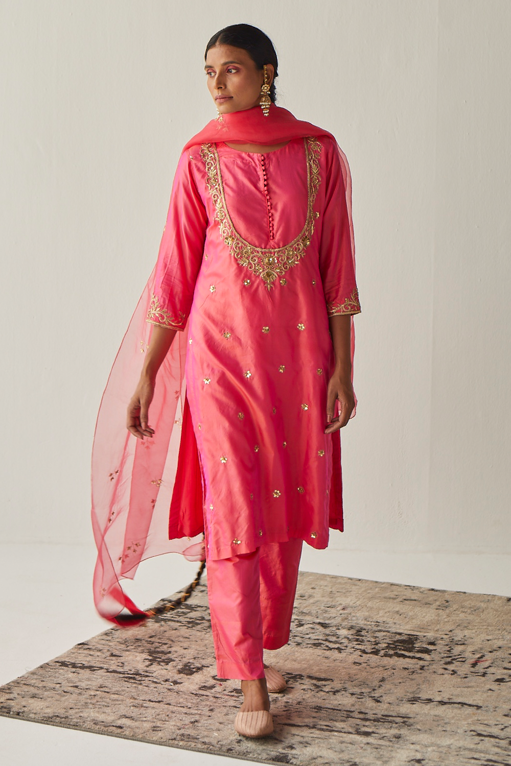 Peach Embroidered Silk Suit