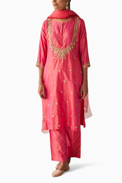 Peach Embroidered Silk Suit