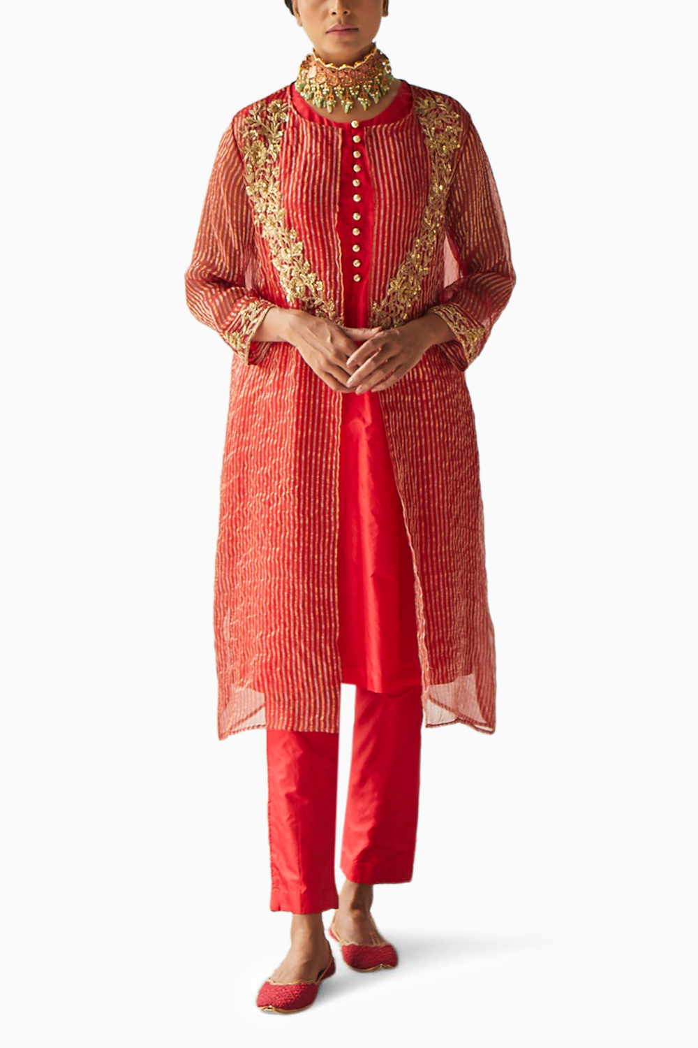 Red Organza Embroidered Jacket Suit