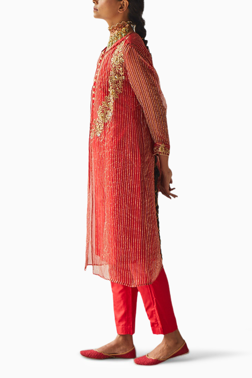 Red Organza Embroidered Jacket Suit