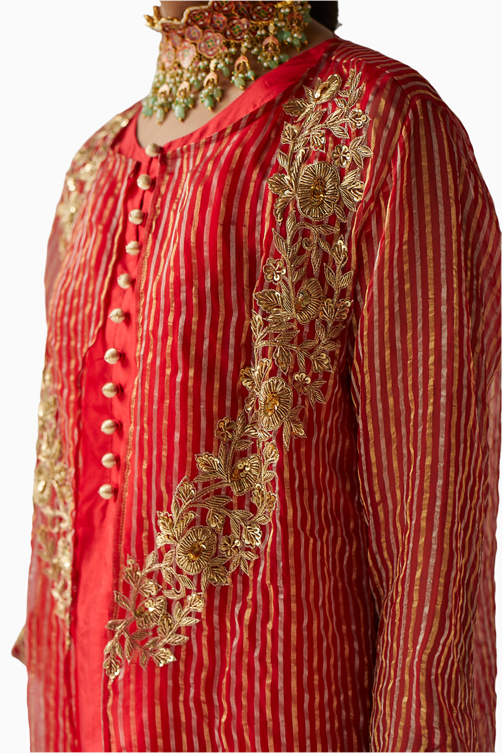 Red Organza Embroidered Jacket Suit