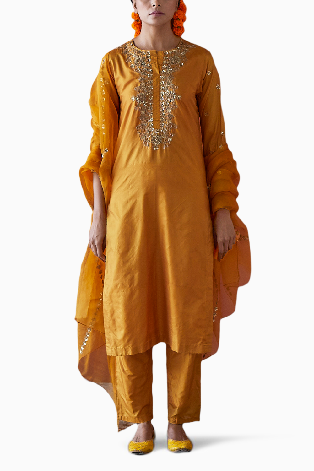 Mustard Embroidered Silk Suit