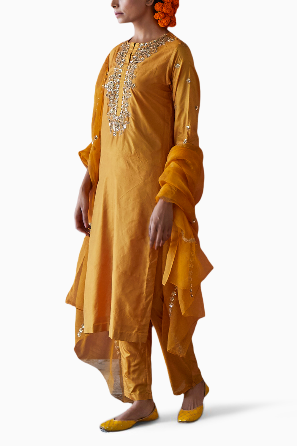 Mustard Embroidered Silk Suit