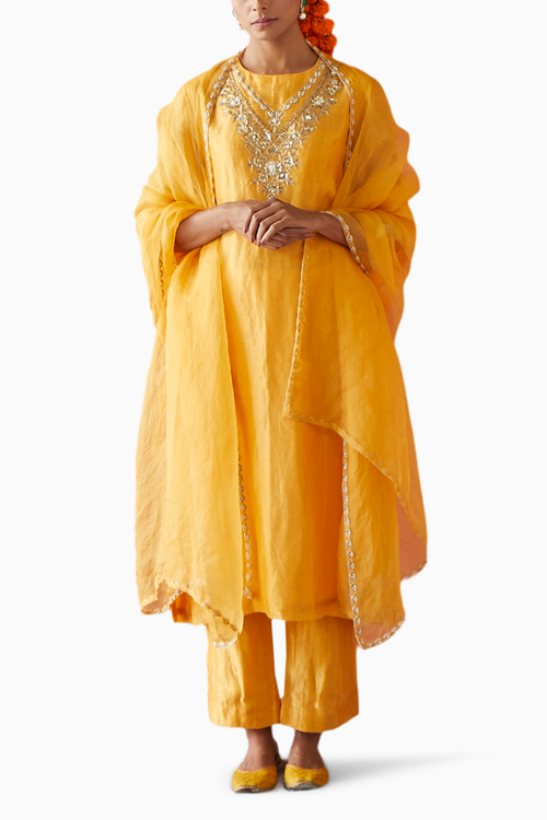 Yellow Embroidered Chanderi Suit