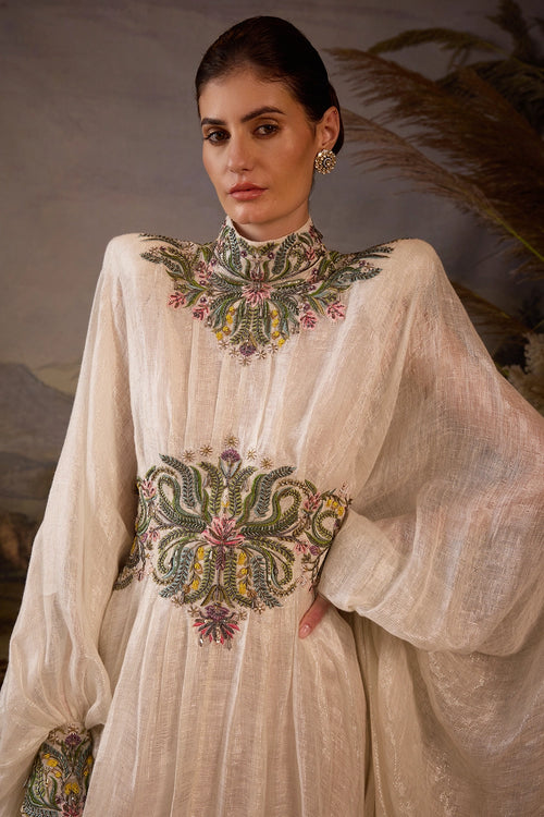 Embroidered High-Neck Cape Gown