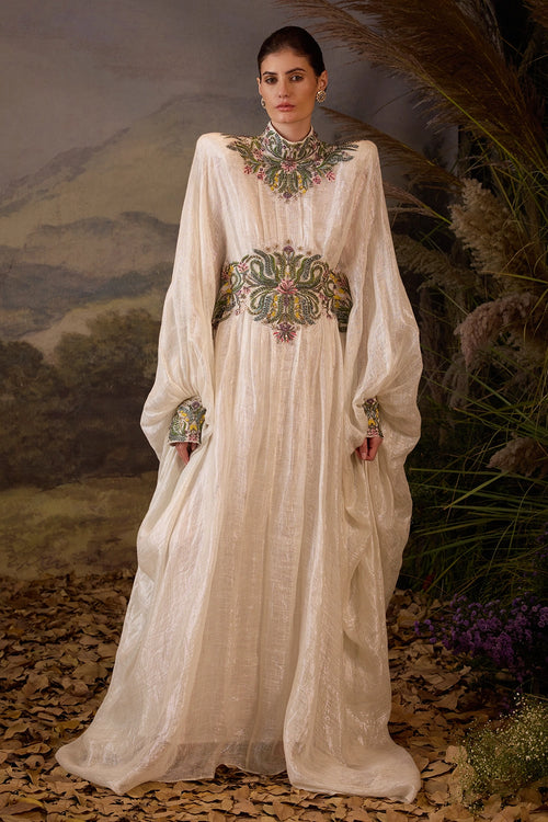 Embroidered High-Neck Cape Gown