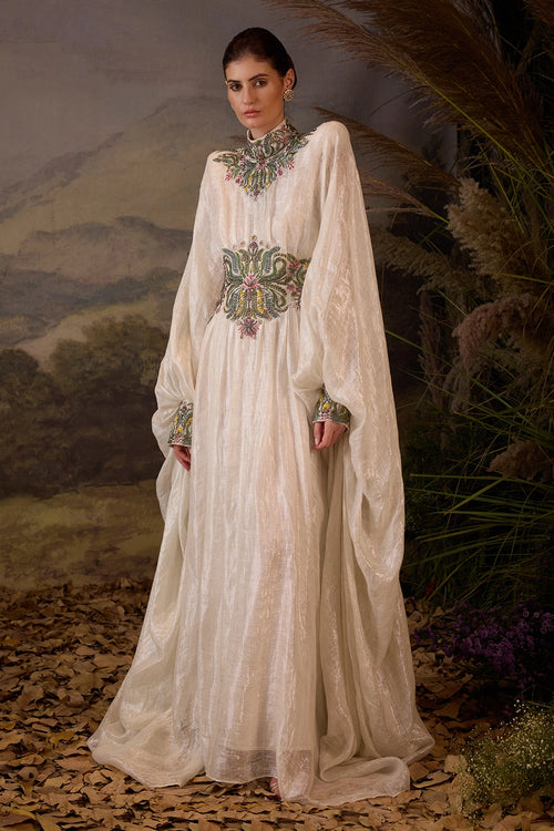 Embroidered High-Neck Cape Gown