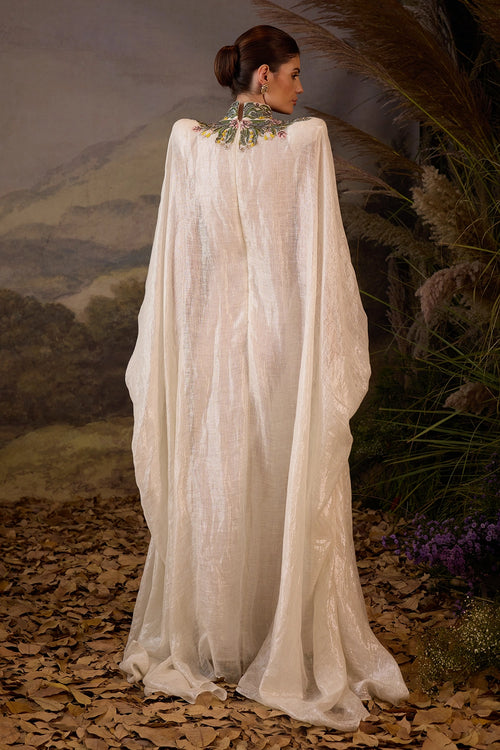 Embroidered High-Neck Cape Gown