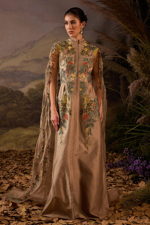 Elegant Embroidered Cape Gown