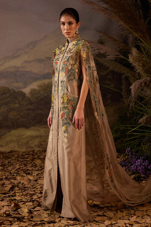 Elegant Embroidered Cape Gown