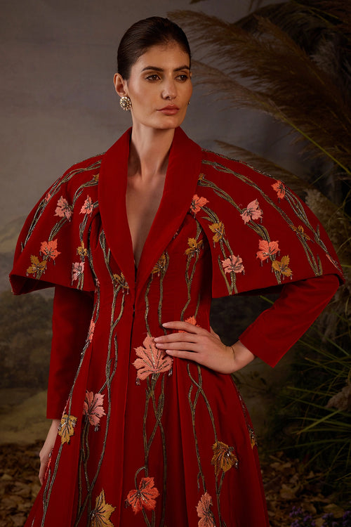 Red Velvet Lapel-Neck Floor-Length Gown